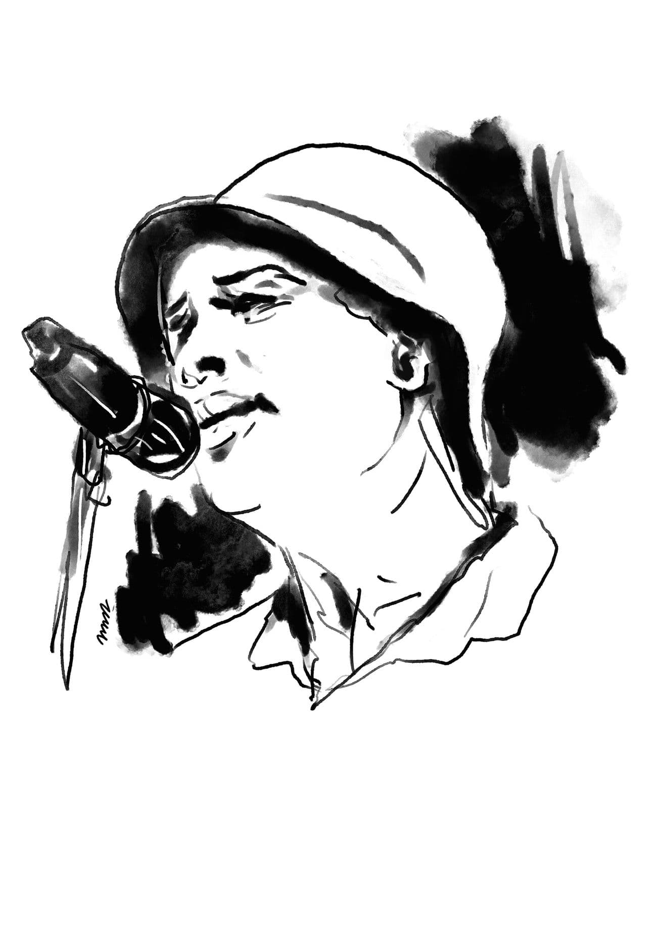 Ink drawing of Zubeen Garg singing into a microphone by Sanjib Borah