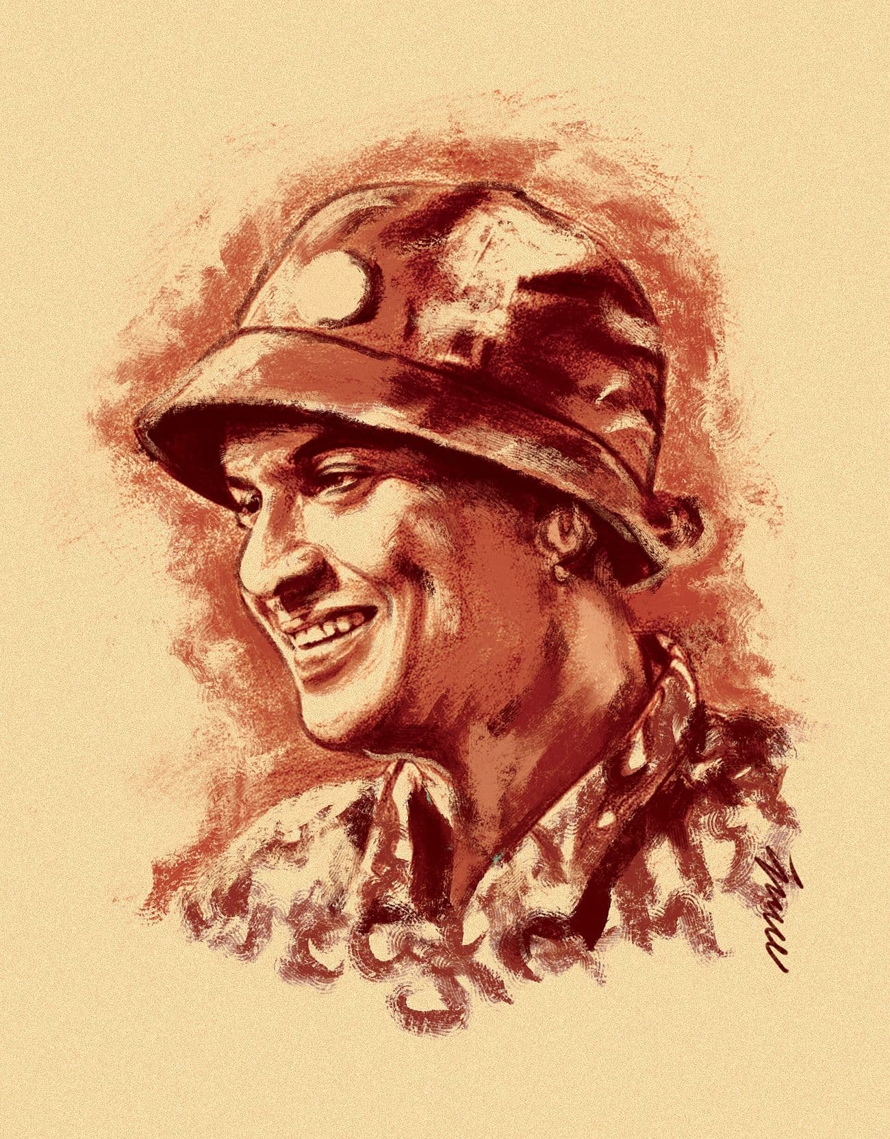 Portrait of Zubeen Garg smiling, painted in red and sepia tones by Sanjib Borah